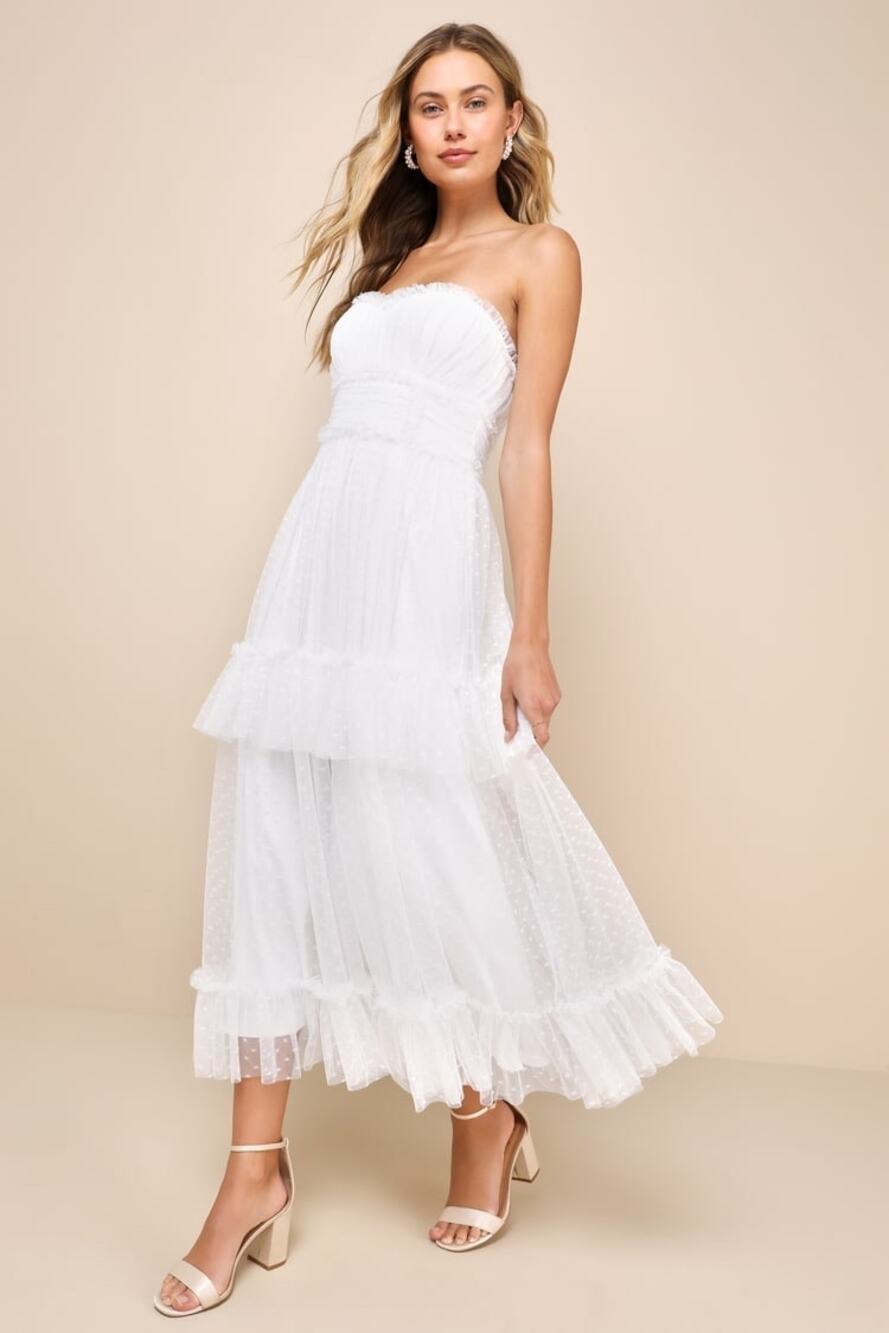 Lulus Women L White Tulle Swiss Dot Strapless Tiered Midi Dress NEW Romantic